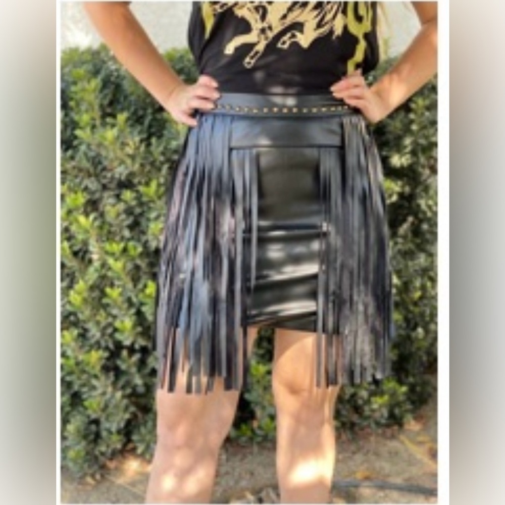 Rodeo Quincy Black Fiesta Fringe Leather Skirt New with Tags Large